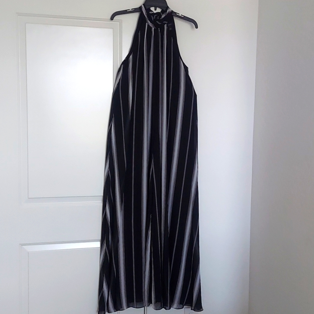 Halogen Black and White Strpe Tie Halter Neck Wide Leg Jumpsuit